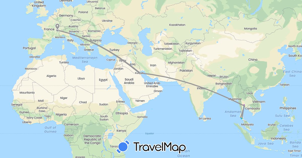 TravelMap itinerary: driving, bus, plane, cycling, train, boat in Switzerland, Kuwait, Thailand (Asia, Europe)